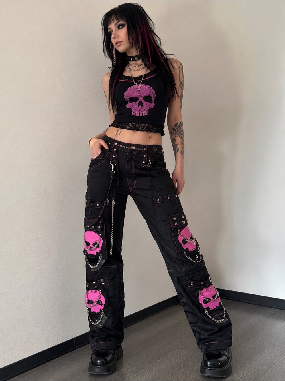 Y2K Cyber Goth Skull Chain Cargo Pants Pink Black Scene Emo Rave Size 32